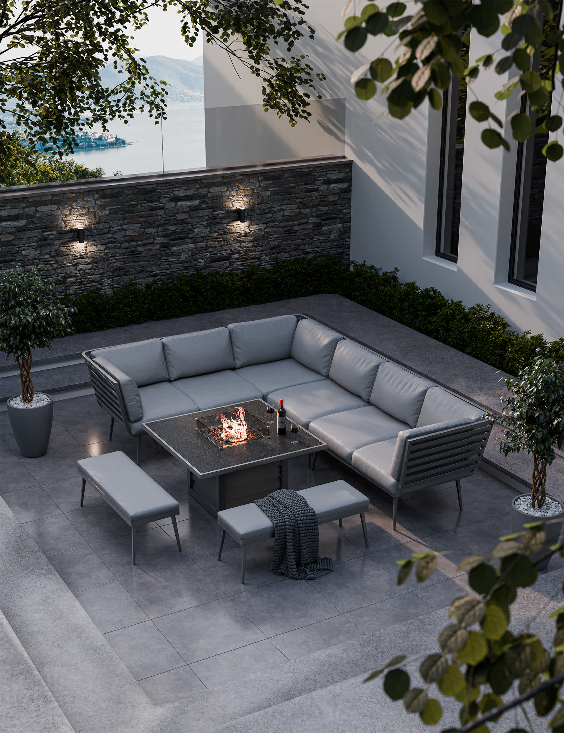 Mayfair Fire Pit Corner Lounging Set With 2 Benches