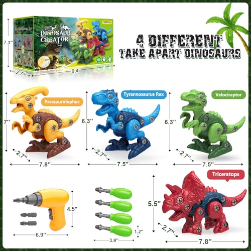 Dinosaur Toys for 3, 4, 5, 6, 7 Year Old Boys, Take Apart Toys with Electric Drill for Kids, STEM Educational Construction Building Toy, Ideal...