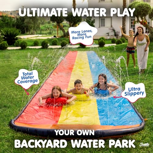 JAMBO Premium Triple Water Slide with 3 Bodyboards, 20Ft Heavy Duty Slip Splash and Slides-Advanced 3-Way Sprinkler System, Splash Pad Mat Backyard... JAMBO Premium Triple Water Slide with 3 Bodyboards, 20Ft Heavy Duty Slip Splash and Slides-Advanced 3-Way Sprinkler System, Splash Pad Mat Backyard...