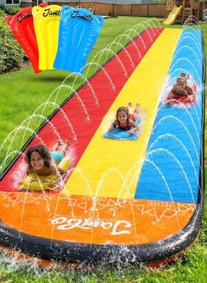 JAMBO Premium Triple Water Slide with 3 Bodyboards, 20Ft Heavy Duty Slip Splash and Slides-Advanced 3-Way Sprinkler System, Splash Pad Mat Backyard...
