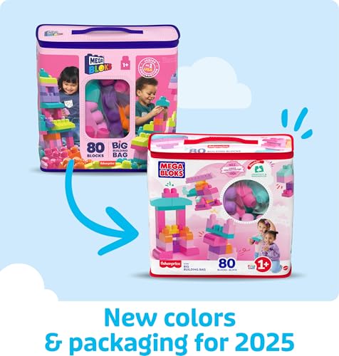 MEGA BLOKS First Builders Toddler Blocks Toys Set, Big Building Bag Collection with 80 Pieces and Storage, Pink, Ages 1+ Years MEGA BLOKS First Builders Toddler Blocks Toys Set, Big Building Bag Collection with 80 Pieces and Storage, Pink, Ages 1+ Years