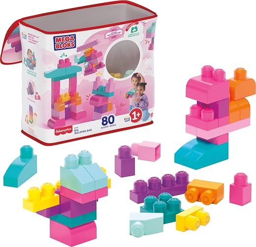 MEGA BLOKS First Builders Toddler Blocks Toys Set, Big Building Bag Collection with 80 Pieces and Storage, Pink, Ages 1+ Years MEGA BLOKS First Builders Toddler Blocks Toys Set, Big Building Bag Collection with 80 Pieces and Storage, Pink, Ages 1+ Years