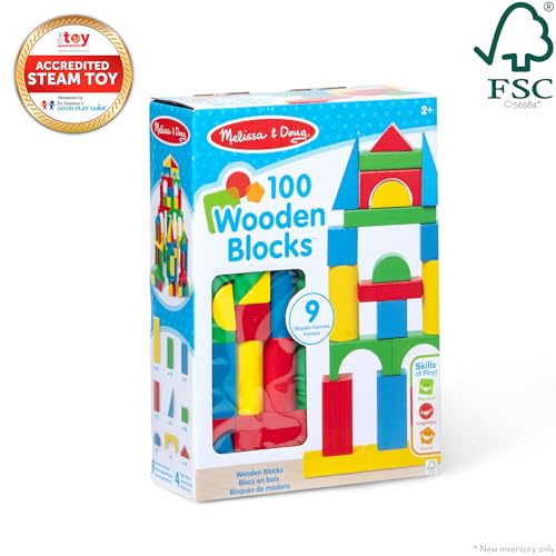 Melissa & Doug Wooden Building Blocks, 100-Piece Set of Sorting & Stacking Toys in 4 Colors and 9 Shapes, Classic Toddler Toys for Girls & Boys...