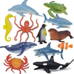 Ocean Sea Life Toy Figures Set for Kids, 12 PCS Realistic Marine Animals with Shark, Dolphin, Sea Turtle, Penguin, Seal, Clownfish, Crab, Ocean...