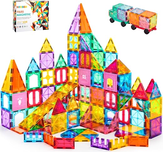 OugerToy 104PCS Magnetic Tiles STEM Building Blocks for Kids Ages 3-9, Educational Stacking Toys with Car Bases, Creative Construction Gift for... OugerToy 104PCS Magnetic Tiles STEM Building Blocks for Kids Ages 3-9, Educational Stacking Toys with Car Bases, Creative Construction Gift for...
