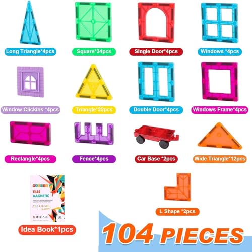 OugerToy 104PCS Magnetic Tiles STEM Building Blocks for Kids Ages 3-9, Educational Stacking Toys with Car Bases, Creative Construction Gift for... OugerToy 104PCS Magnetic Tiles STEM Building Blocks for Kids Ages 3-9, Educational Stacking Toys with Car Bases, Creative Construction Gift for...