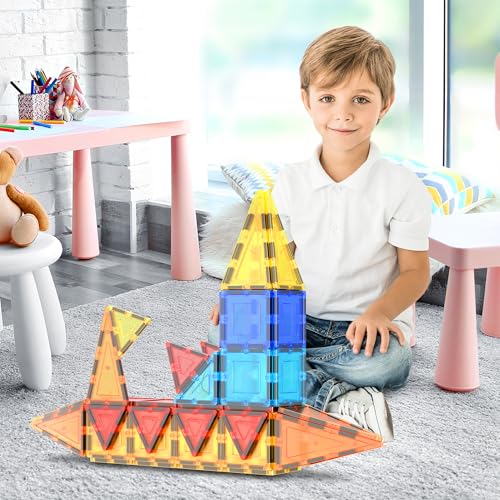 PicassoTiles 60 Piece Set 60pcs Magnet Building Tiles Clear Magnetic 3D Blocks Construction Playboards - Creativity Beyond Imagination,...