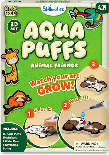 Skillmatics Aqua Puffs - 3D Art Kit, Animals, Mess-Free Paint by Number Craft for Kids, DIY Color Activity, Screen-Free Entertainment, Travel &...